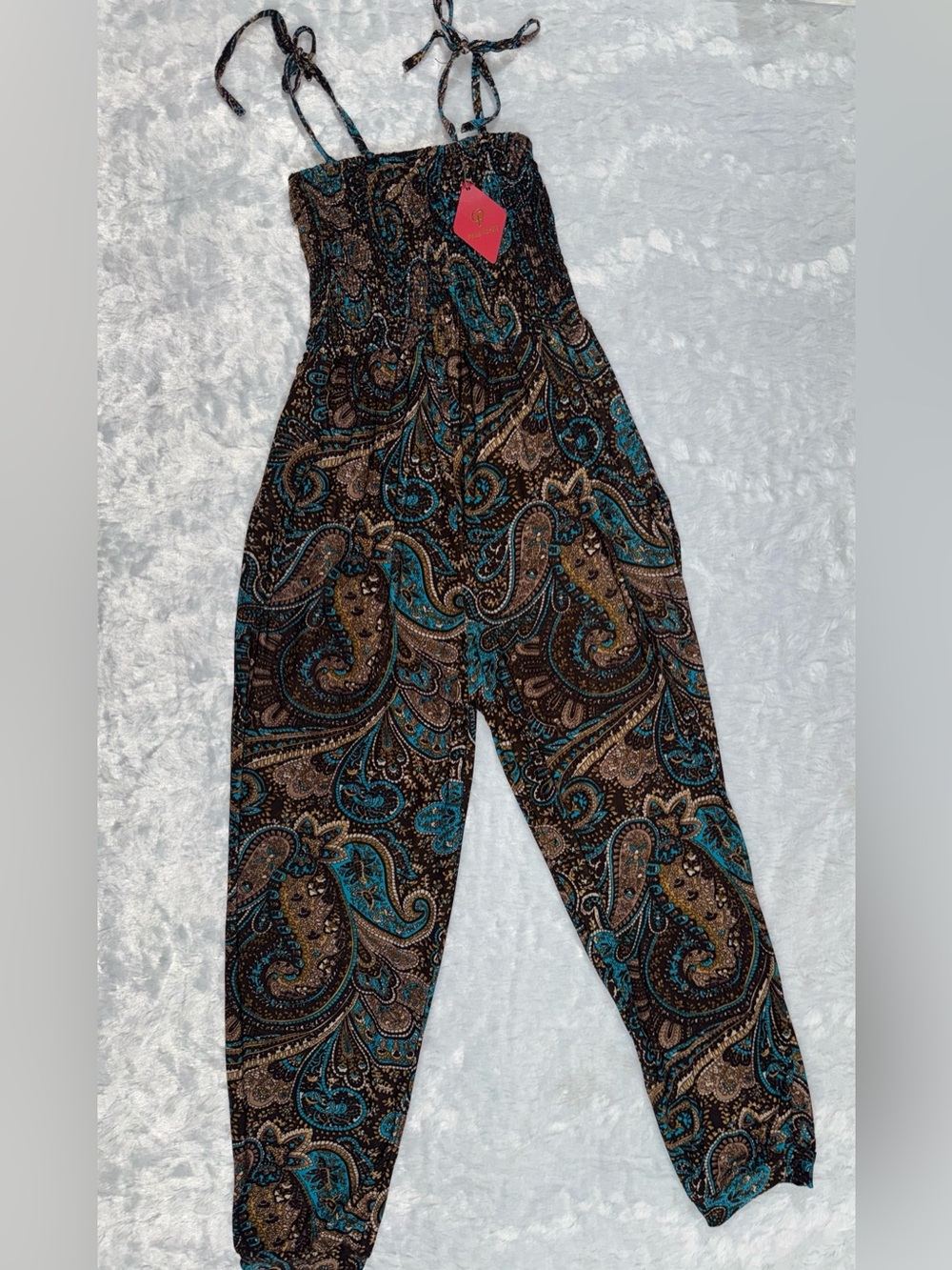 Smocked Paisley Tie-Strap Jumpsuit in Teal and Brown